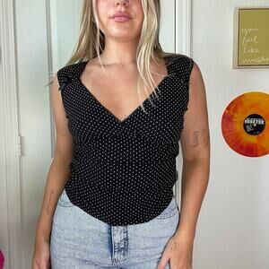 Vintage Y2K 2000s L.E.I Dainty Lace Trim Bow Detailed Polka Dot Blouse Sz S